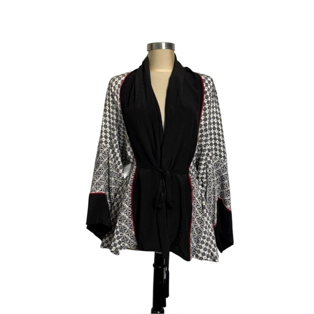 Talitha Silk Kimono Jacket Black White Red Piping Tassel Belt Boho S